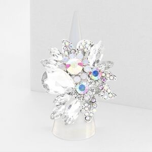 Abalone & Silver Floral Cocktail Fashion Statement Trend Rhinestone Crystal Ring